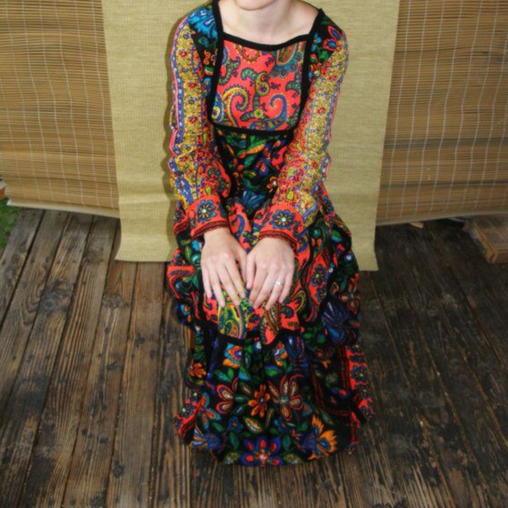 RARE 60s Vintage Bill Atkinson Glen Of Michigan Long Sleeve Patchwork Maxi Dress